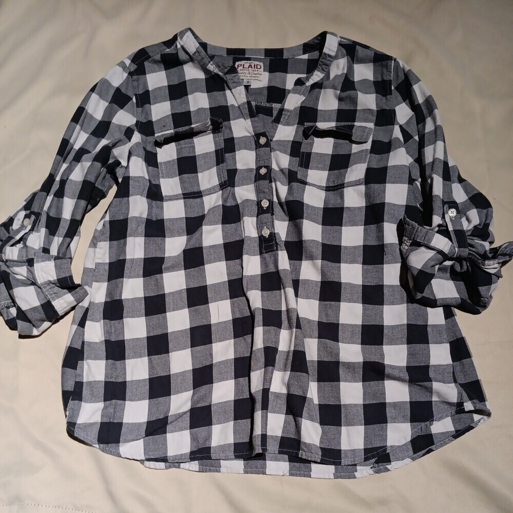 Old Navy Plaid Womens LongSleeve Shirt Size XL Cotton Orignal Garment Gray/White